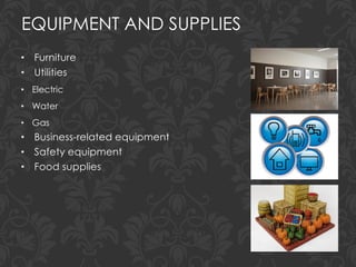 EQUIPMENT AND SUPPLIES
• Furniture
• Utilities
• Electric
• Water
• Gas
• Business-related equipment
• Safety equipment
• Food supplies
 