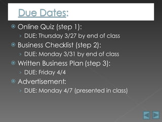 Online Quiz (step 1): DUE: Thursday 3/27 by end of class Business Checklist (step 2): DUE: Monday 3/31 by end of class Written Business Plan (step 3): DUE: Friday 4/4 Advertisement: DUE: Monday 4/7 (presented in class) 