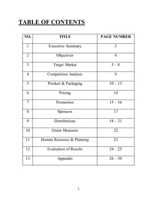2
TABLE OF CONTENTS
NO. TITLE PAGE NUMBER
1 Executive Summary 3
2 Objectives 4
3 Target Market 5 – 8
4 Competition Analysis 9
5 Product & Packaging 10 – 13
6 Pricing 14
7 Promotion 15 – 16
8 Sponsors 17
9 Distributions 18 – 21
10 Green Measures 22
11 Human Resource & Planning 23
12 Evaluation of Results 24 – 25
13 Appendix 26 – 30
 