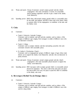 7
(ii) Wants and needs : Group of customers around campus ground and also church
congregation who seek convenience in terms of a reasonable
priced Japanese appetizers and also to give a hand to the charity
event financially.
(iii) Spending power : RM5 when sold around campus ground which is a reasonable price
for the staffs and students and RM 6 when sold in the church which
is a greater effort fir the congregation to contribute to the sales and
the charity event.
5. Cake
(i) Customers :
 Taylor’s University Lakeside Campus –
Customers such as students and staff and also outsiders such as visitors of the
campus of different ages ranging from teenagers to adults of different races who
are interested in desserts.
 Taylor’s College –
Customers such as campus students and also surrounding passerby who seek
convenient desserts with reasonable prices.
 St. Andrew’s Presbyterian Church –
Customers such as congregational groups of different ranges of ages whose main
interest are to support the charity event financially and also who are interested in
pastry desserts.
(ii) Wants and needs : Group of customers around campus ground and also church
congregation who seek reasonable priced desserts to support the
charity event financially.
(iii) Spending power : RM 3 per piece sold in campus ground which is a reasonable priced
dessert for Taylorians. The cake is sold at the same price per piece
but sold at RM 5 for every two piece to push the effort to contribute
to the charity sale event.
6. Beverages ( Herbal Tea & Orange Juice )
(i) Customers :
 Taylor’s University Lakeside Campus –
Customers such as students and staff and also outsiders such as visitors of the
campus of different ages ranging from teenagers to adults of different races who
seek for cheap drinks.
 