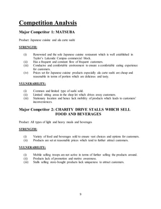 9
Competition Analysis
Major Competitor 1: MATSUBA
Product: Japanese cuisine and ala carte sushi
STRENGTH:
(i) Renowned and the sole Japanese cuisine restaurant which is well established in
Taylor’s Lakeside Campus commercial block.
(ii) Has a frequent and constant flow of frequent customers.
(iii) Conducive and comfortable environment to ensure a comfortable eating experience
for customers.
(iv) Prices set for Japanese cuisine products especially ala carte sushi are cheap and
reasonable in terms of portion which are delicious and tasty.
VULNERABILITY:
(i) Common and limited type of sushi sold.
(ii) Limited sitting areas in the shop lot which drives away customers.
(iii) Stationary location and hence lack mobility of products which leads to customers’
inconveniences.
Major Competitor 2: CHARITY DRIVE STALLS WHICH SELL
FOOD AND BEVERAGES
Product: All types of light and heavy meals and beverages
STRENGTH:
(i) Variety of food and beverages sold to ensure vast choices and options for customers.
(ii) Products are set at reasonable prices which tend to further attract customers.
VULNERABILITY:
(i) Mobile selling troops are not active in terms of further selling the products around.
(ii) Products lack of promotion and motive awareness.
(iii) Stalls selling store-bought products lack uniqueness to attract customers.
 