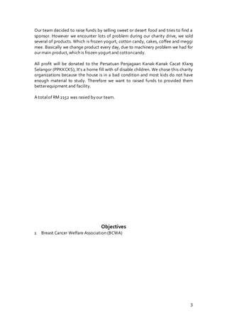 3
Our team decided to raise funds by selling sweet or desert food and tries to find a
sponsor. However we encounter lots of problem during our charity drive, we sold
several of products. Which is frozen yogurt, cotton candy, cakes, coffee and meggi
mee. Basically we change product every day, due to machinery problem we had for
our main product,which is frozen yogurt and cottoncandy.
All profit will be donated to the Persatuan Penjagaan Kanak-Kanak Cacat Klang
Selangor (PPKKCKS), It’s a home fill with of disable children. We chose this charity
organizations because the house is in a bad condition and most kids do not have
enough material to study. Therefore we want to raised funds to provided them
betterequipment and facility.
A totalof RM 2152 was rasied byour team.
Objectives
1 Breast Cancer Welfare Association (BCWA)
 