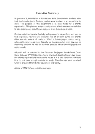   3	
  
Executive Summary
In groups of 4, Foundation in Natural and Built Environments students who
took the Introduction to Business module were involved in an annual charity
drive. The purpose of this assignment is to raise funds for a charity
organization. This gives us an opportunity to run a business venture and also
to gain experiences about how a business is run throughout a week.
Our team decided to raise funds by selling sweet or desert food and tries to
find a sponsor. However we encounter lots of problem during our charity
drive, we sold several of products. Which is frozen yogurt, cotton candy,
cakes, coffee and meggi mee. Basically we change product every day, due to
machinery problem we had for our main product, which is frozen yogurt and
cotton candy.
All profit will be donated to the Persatuan Penjagaan Kanak-Kanak Cacat
Klang Selangor (PPKKCKS), It’s a home fill with of disable children. We chose
this charity organizations because the house is in a bad condition and most
kids do not have enough material to study. Therefore we want to raised
funds to provided them better equipment and facility.
A total of RM 2152 was rasied by our team.
	
  
	
  
	
  
	
  
	
  
	
  
	
  
	
  
	
  
	
  
	
  
	
  
	
  
	
  
	
  
	
  
	
  
	
  
	
  
	
  
	
  
	
  
	
  
 