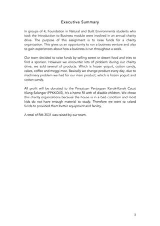   3	
  
Executive Summary
In groups of 4, Foundation in Natural and Built Environments students who
took the Introduction to Business module were involved in an annual charity
drive. The purpose of this assignment is to raise funds for a charity
organization. This gives us an opportunity to run a business venture and also
to gain experiences about how a business is run throughout a week.
Our team decided to raise funds by selling sweet or desert food and tries to
find a sponsor. However we encounter lots of problem during our charity
drive, we sold several of products. Which is frozen yogurt, cotton candy,
cakes, coffee and meggi mee. Basically we change product every day, due to
machinery problem we had for our main product, which is frozen yogurt and
cotton candy.
All profit will be donated to the Persatuan Penjagaan Kanak-Kanak Cacat
Klang Selangor (PPKKCKS), It’s a home fill with of disable children. We chose
this charity organizations because the house is in a bad condition and most
kids do not have enough material to study. Therefore we want to raised
funds to provided them better equipment and facility.
A total of RM 3531 was raised by our team.
	
  
	
  
	
  
	
  
	
  
	
  
	
  
	
  
	
  
	
  
	
  
	
  
	
  
	
  
	
  
	
  
	
  
	
  
	
  
	
  
	
  
	
  
	
  
 