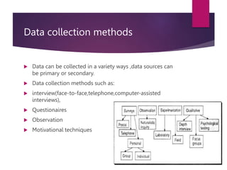 Data collection methods
 Data can be collected in a variety ways ,data sources can
be primary or secondary.
 Data collection methods such as:
 interview(face-to-face,telephone,computer-assisted
interviews),
 Questionaires
 Observation
 Motivational techniques
 