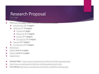 Research Proposal
 Title Page
 Abstract (on a separate single page)
 The Body (no page breaks between sections in the body)
 Introduction (2-3 pages)
 Methods (7-10 pages)
 Sample (1 page)
 Measures (2-3 pages)
 Design (2-3 pages)
 Procedures (2-3 pages)
 Results (2-3 pages)
 Conclusions (1-2 pages)
 References
 Tables (one to a page)
 Figures (one to a page)
 Appendices
 Sample Paper http://www.socialresearchmethods.net/kb/sampaper.php
 http://www.socialresearchmethods.net/kb/guideelements.php
 Formatting http://www.socialresearchmethods.net/kb/formatting.php
 