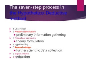 The seven-step process in
the Hypothetico-Deductive
method
 1 Observation
 2 Problem identification
 preliminary information gathering
 3 Theoretical framework
 theory formulation
 4 Hypothesizing
 5 Research design
 further scientific data collection
 6 logical analysis
 7 Deduction
 