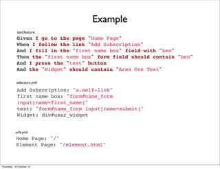 Example
            test.feature
            Given I go to the page "Home Page"
            When I follow the link "Add Subscription"
            And I fill in the "first name box" field with "ben"
            Then the "first name box" form field should contain "ben"
            And I press the "test" button
            And the "Widget" should contain "Area One Text"

           selectors.yml

            Add Subscription: "a.self-link"
            first name box: "form#name_form
            input[name=first_name]"
            test: "form#name_form input[name=submit]"
            Widget: div#user_widget


           urls.yml
           Home Page: "/"
           Element Page: "/element.html"



Thursday, 18 October 12
 