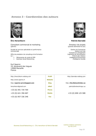 Annexe 3 - Coordonnées des auteurs




Éric Herschkorn                                                                    Patrick Barrabé

Consultant commercial et marketing                                             Directeur de projets
(gérant)                                                                     (grande distribution & ssii)

Société de services spécialisée en performance                                    Gestion de l'entreprise
commerciale                                                                              Gestion de crise
                                                                               Conduite du changement
Offre de prestation de consulting et de formation                            Ingéniérie de rémunération
sur :                                                                               Théorie des réseaux
         Mécanismes de vente & CRM                                              Intelligence Économique
         Business Social Networking                                                   Intelligence Sociale



Eurl Sparinc
10, boulevard des Vagues
13008 Marseille
France


http://herschkorn.notlong.com                         Profil                 http://barrabe.notlong.com

http://www.sparinc.fr                                Website

http://sparinc-prm.blogspot.com                        Blog               http://the.NetworkinGur.us

herschkorn@gmail.com                                  eMail                    patrick@networkingur.us

+33 (0) 491 734 769                                   Phone

+33 (0) 621 396 687                                   Mobile                  +33 (0) 698 125 588

+33 (0) 957 336 348                                    Fax




                                                                        Licence creative commons
    Business Social Networking v1 – Éric Herschkorn & Patrick Barrabé
                                                                               by-nd-2.0-fr

                                                                                                Page 59
 