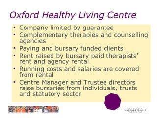 Oxford Healthy Living Centre Company limited by guarantee Complementary therapies and counselling agencies Paying and bursary funded clients Rent raised by bursary paid therapists’ rent and agency rental Running costs and salaries are covered from rental Centre Manager and Trustee directors raise bursaries from individuals, trusts and statutory sector 