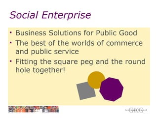 Social Enterprise Business Solutions for Public Good The best of the worlds of commerce and public service Fitting the square peg and the round hole together! 