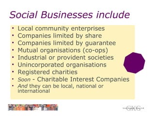 Social Businesses include Local community enterprises Companies limited by share Companies limited by guarantee Mutual organisations (co-ops) Industrial or provident societies Unincorporated organisations Registered charities Soon  - Charitable Interest Companies And  they can be local, national or international 
