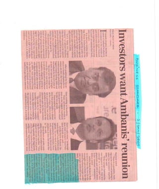 Business Standard Jan 2,2009 Investors Want Ambanis Reunion
