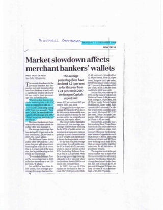 Business Standard - Sept 11, 2008 - Market slowdown affects Merchant Bankers' wallets