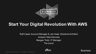©  2016,  Amazon  Web  Services,  Inc.  or  its  Affiliates.  All  rights  reserved.
Ralf  Capel,  Account  Manager  &  Jan  Haak,  Solutions  Architect
Amazon  Web  Services
Meagan  Todd,  IT  Manager
The  Iconic
Start  Your  Digital  Revolution  With  AWS
Business
 