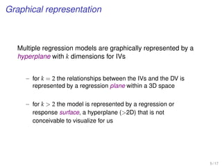 Graphical representation
Multiple regression models are graphically represented by a
hyperplane with k dimensions for IVs
– for k = 2 the relationships between the IVs and the DV is
represented by a regression plane within a 3D space
– for k  2 the model is represented by a regression or
response surface, a hyperplane (2D) that is not
conceivable to visualize for us
5 / 17
 