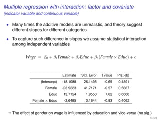 Multiple regression with interaction: factor and covariate
(indicator variable and continuous variable)
• Many times the additive models are unrealistic, and theory suggest
different slopes for different categories
• To capture such difference in slopes we assume statistical interaction
among independent variables
Wage = β0 + β1Female + β2Educ + β3(Female × Educ) +
Estimate Std. Error t value Pr(|t|)
(Intercept) -18.1088 26.1498 -0.69 0.4891
Female -23.9223 41.7171 -0.57 0.5667
Educ 13.7154 1.9550 7.02 0.0000
Female × Educ -2.6485 3.1844 -0.83 0.4062
ª The effect of gender on wage is inﬂuenced by education and vice-versa (no sig.)
14 / 24
 