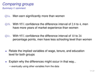 Comparing groups
Summary  comment
Q1a. Men earn signiﬁcantly more than women
Q1b. With 95% conﬁdence the difference interval of 2.8 to 4, men
have more years of market experience than women
Q1c. With 95% conﬁdence the difference interval of 10 to 24
percentage points, men have less schooling level than women
• Relate the implied variables of wage, tenure, and education
level for both groups
• Explain why the differences might occur in that way...
ª eventually using other variables from the data
17 / 27
 