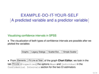 EXAMPLE-DO-IT-YOUR-SELF
[A predicted variable and a predictor variable]
Visualizing conﬁdence intervals in SPSS
• The visualization of both types of conﬁdence intervals are possible after we
plotted the variables
Graphs Legacy Dialogs Scatter/Dot... Simple Scatter
• From Elements Fit Line at Total of the graph Chart Editor, we look in the
tab Fit Line (Properties) the options Mean and Individual in the
Confidential Intervals section for the two CI estimators
12 / 31
 