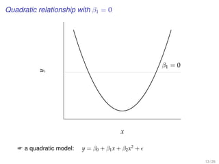 Quadratic relationship with β1 = 0
β1 = 0
x
y
 a quadratic model: y = β0 + β1x + β2x2
+
13 / 26
 