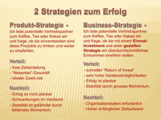 Ich lade potentielle Vertriebspartner   Ich lade potentielle Vertriebspartner
zum Kaffee, Tee oder Kakao ein          zum Kaffee, Tee oder Kakao ein
und frage, ob sie einverstanden sind    und frage, ob sie mit einem Einmal-
diese Produkte zu trinken und weiter    Investment und einer gezielten
zu empfehlen.                           Strategie ein überdurchschnittliches
                                        Einkommen erwirken wollen.


- freie Zeiteinteilung
                                        - schneller “Return of Invest”
- “Nebenbei”-Geschäft
                                        - sehr hohe Verdienstmöglichkeiten
- idealer Zweit-Job
                                        - Erfolg ist planbar
                                        - Stabilität durch grosses Momentum.

- Erfolg ist nicht planbar
- Schwankungen im Verdienst
- Stabilität ist gefährdet durch        - Organisationstalent erforderlich
  fehlendes Momentum.                   - Hoher anfänglicher Zeitaufwand
 