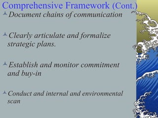 Comprehensive Framework  (Cont.) Document chains of communication Clearly articulate and formalize strategic plans. Establish and monitor commitment and buy-in Conduct and internal and environmental scan 