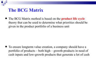 The BCG Matrix
the
• The BCG Matrix method is based onwhatproduct life cyclebe
theory that can be used to determine
priorities should
given in the product portfolio of a business unit

longterm
a company should
• To ensureof productsvalue creation, growth products inhave aof
portfolio
– both high –
need
cash inputs and low-growth products that generate a lot of cash

 