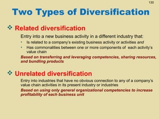 130

Two Types of Diversification
 Related diversification
Entry into a new business activity in a different industry that:
•
•

Is related to a company’s existing business activity or activities and
Has commonalities between one or more components of each activity’s
value chain
Based on transferring and leveraging competencies, sharing resources,
and bundling products

 Unrelated diversification
Entry into industries that have no obvious connection to any of a company’s
value chain activities in its present industry or industries
Based on using only general organizational competencies to increase
profitability of each business unit

 