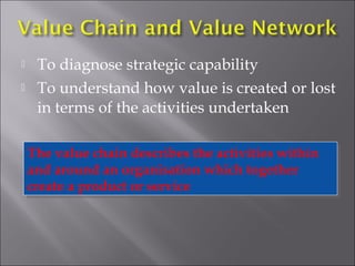 


To diagnose strategic capability
To understand how value is created or lost
in terms of the activities undertaken
The value chain describes the activities within
The value chain describes the activities within
and around an organisation which together
and around an organisation which together
create a product or service
create a product or service

 