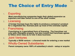 174

The Choice of Entry Mode
1.

Exporting
Most manufacturing companies begin their global expansion as
exporters and later switch to one of the other modes.

2.

Licensing
A foreign licensee buys the rights to produce a company’s product
for a negotiated fee; licensee puts up most of the overseas capital.

3.

Franchising
Franchising is a specialized form of licensing. The franchiser not
only sells intangible property, but also insists that franchisee agrees
to follow strict rules as to how it does business.

4.

Joint Ventures
Typically a 50/50 venture – a favored mode for entering a new market

5.

Wholly-Owned Subsidiaries
Parent company owns 100% of subsidiary’s stock – setup or acquire

 