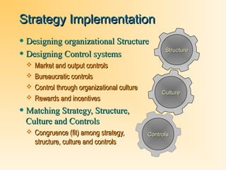Strategy Implementation

• Designing organizational Structure
• Designing Control systems

Structure

 Market and output controls
 Bureaucratic controls
 Control through organizational culture
 Rewards and incentives

Culture

• Matching Strategy, Structure,
Culture and Controls

 Congruence (fit) among strategy,

structure, culture and controls

Controls

 
