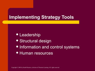 Implementing Strategy Tools

 Leadership
 Structural

design
 Information and control systems
 Human resources

Copyright © 2005 by South-Western, a division of Thomson Learning. All rights reserved.

 