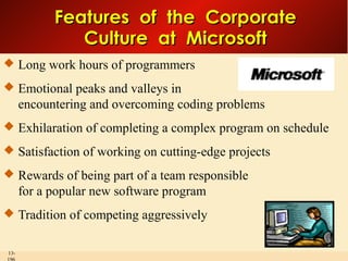 Features of the Corporate
Culture at Microsoft
 Long work hours of programmers
 Emotional peaks and valleys in

encountering and overcoming coding problems
 Exhilaration of completing a complex program on schedule
 Satisfaction of working on cutting-edge projects
 Rewards of being part of a team responsible

for a popular new software program
 Tradition of competing aggressively

13-

 