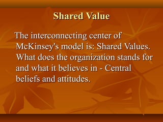 Shared Value
The interconnecting center of
McKinsey's model is: Shared Values.
What does the organization stands for
and what it believes in - Central
beliefs and attitudes.

 