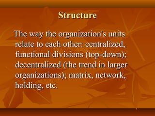 Structure
The way the organization's units
relate to each other: centralized,
functional divisions (top-down);
decentralized (the trend in larger
organizations); matrix, network,
holding, etc.

 