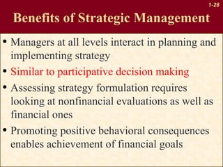 1-28

Benefits of Strategic Management

• Managers at all levels interact in planning and
•
•
•

implementing strategy
Similar to participative decision making
Assessing strategy formulation requires
looking at nonfinancial evaluations as well as
financial ones
Promoting positive behavioral consequences
enables achievement of financial goals

 