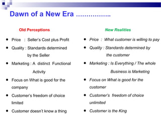 Dawn of a New Era ……………..
Old Perceptions

•
•

Price : Seller’s Cost plus Profit
Quality : Standards determined

New Realities

•
•

Price : What customer is willing to pay
Quality : Standards determined by
the customer

by the Seller

•

Marketing : A distinct Functional

•

Marketing : Is Everything / The whole
Business is Marketing

Activity

•

Focus on What is good for the

•

customer

company

•

Customer’s freedom of choice

•

Customer doesn’t know a thing

Customer’s freedom of choice
unlimited

limited

•

Focus on What is good for the

•

Customer is the King

 