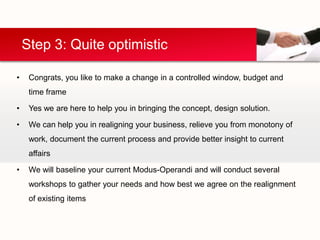 Step 3: Quite optimistic

•    Congrats, you like to make a change in a controlled window, budget and
     time frame

•    Yes we are here to help you in bringing the concept, design solution.

•    We can help you in realigning your business, relieve you from monotony of
     work, document the current process and provide better insight to current
     affairs

•    We will baseline your current Modus-Operandi and will conduct several
     workshops to gather your needs and how best we agree on the realignment
     of existing items
 