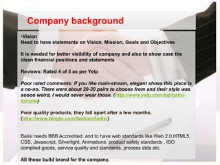 Company background
•Vision
Need to have statements on Vision, Mission, Goals and Objectives

It is needed for better visibility of company and also to show case the
clean financial positions and statements

Reviews: Rated 4 of 5 as per Yelp

Poor rated comments: If you like main-stream, elegant shoes this place is
a no-no. There were about 20-30 pairs to choose from and their style was
soooo weird, I would never wear those. (http://www.yelp.com/biz/balisi-
toronto)

Poor quality products, they fall apart after a few months.
(http://www.blogto.com/fashion/balisi)


Balisi needs BBB Accredited, and to have web standards like Web 2.0,HTML5,
CSS, Javascript, Silverlight, Animations, product safety standards , ISO
complied goods, service quality and standards, process stds etc.

All these build brand for the company.
 