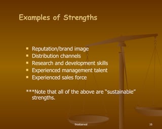 Examples of Strengths Reputation/brand image Distribution channels Research and development skills Experienced management talent Experienced sales force ***Note that all of the above are “sustainable” strengths. 