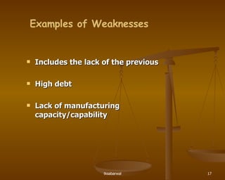 Examples of Weaknesses Includes the lack of the previous High debt Lack of manufacturing capacity/capability 