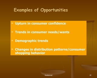 Examples of Opportunities Upturn in consumer confidence Trends in consumer needs/wants Demographic trends Changes in distribution patterns/consumer shopping behavior 