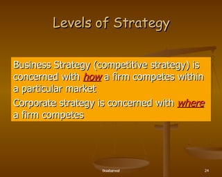 Levels of Strategy Business Strategy (competitive strategy) is concerned with  how  a firm competes within a particular market Corporate strategy is concerned with  where   a firm competes 