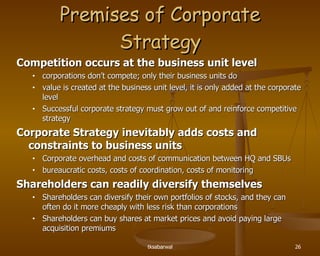 Premises of Corporate Strategy Competition occurs at the business unit level corporations don’t compete; only their business units do value is created at the business unit level, it is only added at the corporate level Successful corporate strategy must grow out of and reinforce competitive strategy Corporate Strategy inevitably adds costs and constraints to business units Corporate overhead and costs of communication between HQ and SBUs bureaucratic costs, costs of coordination, costs of monitoring Shareholders can readily diversify themselves Shareholders can diversify their own portfolios of stocks, and they can often do it more cheaply with less risk than corporations Shareholders can buy shares at market prices and avoid paying large acquisition premiums 