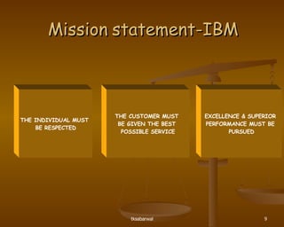 Mission statement-IBM THE INDIVIDUAL MUST  BE RESPECTED EXCELLENCE & SUPERIOR  PERFORMANCE MUST BE  PURSUED THE CUSTOMER MUST  BE GIVEN THE BEST  POSSIBLE SERVICE 
