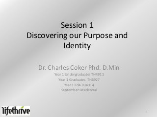 Session 1
Discovering our Purpose and
          Identity

   Dr. Charles Coker Phd. D.Min
        Year 1 Undergraduates TH4911
          Year 1 Graduates TH6927
              Year 1 FdA TH4914
            September Residential




                                       1
 