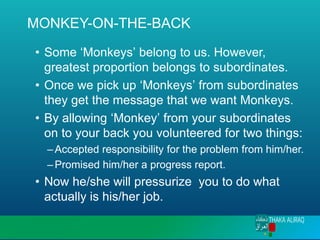 MONKEY-ON-THE-BACK
• Some ‘Monkeys’ belong to us. However,
greatest proportion belongs to subordinates.
• Once we pick up ‘Monkeys’ from subordinates
they get the message that we want Monkeys.
• By allowing ‘Monkey’ from your subordinates
on to your back you volunteered for two things:
–Accepted responsibility for the problem from him/her.
–Promised him/her a progress report.
• Now he/she will pressurize you to do what
actually is his/her job.
 