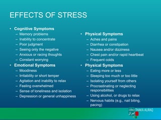 EFFECTS OF STRESS
• Cognitive Symptoms
– Memory problems
– Inability to concentrate
– Poor judgment
– Seeing only the negative
– Anxious or racing thoughts
– Constant worrying
• Emotional Symptoms
– Moodiness
– Irritability or short temper
– Agitation and inability to relax
– Feeling overwhelmed
– Sense of loneliness and isolation
– Depression or general unhappiness
• Physical Symptoms
– Aches and pains
– Diarrhea or constipation
– Nausea and/or dizziness
– Chest pain and/or rapid heartbeat
– Frequent colds
• Physical Symptoms
– Eating more or less
– Sleeping too much or too little
– Isolating yourself from others
– Procrastinating or neglecting
responsibilities
– Using alcohol, or drugs to relax
– Nervous habits (e.g., nail biting,
pacing)
 