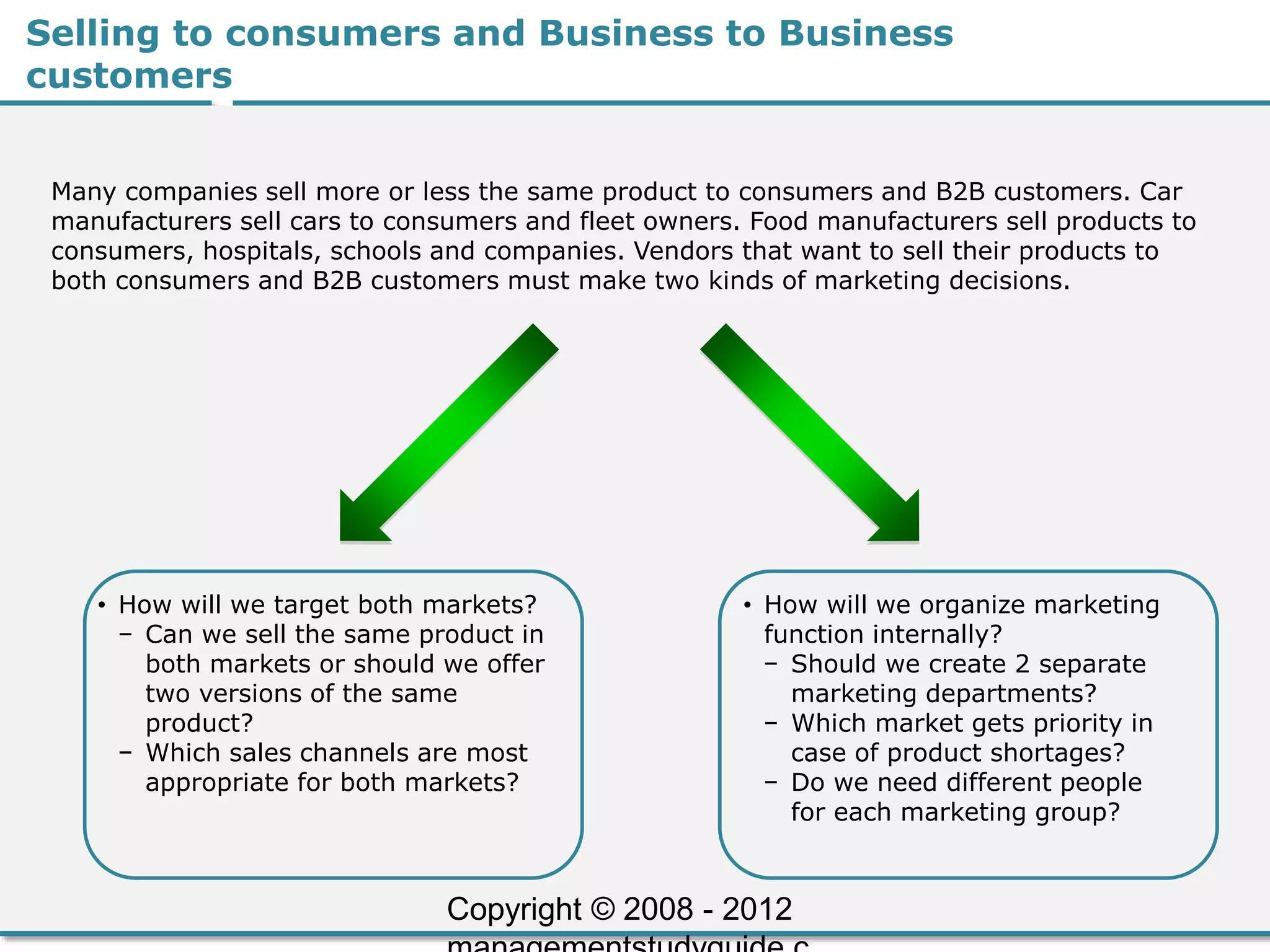 Selling to consumers and Business to Business
customers
Many companies sell more or less the same product to consumers and B2B customers. Car
manufacturers sell cars to consumers and fleet owners. Food manufacturers sell products to
consumers, hospitals, schools and companies. Vendors that want to sell their products to
both consumers and B2B customers must make two kinds of marketing decisions.
• How will we target both markets?
− Can we sell the same product in
both markets or should we offer
two versions of the same
product?
− Which sales channels are most
appropriate for both markets?
• How will we organize marketing
function internally?
− Should we create 2 separate
marketing departments?
− Which market gets priority in
case of product shortages?
− Do we need different people
for each marketing group?
Copyright © 2008 - 2012
 