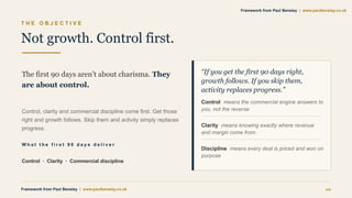 T H E O B J E C T I V E
Not growth. Control first.
The first 90 days aren’t about charisma. They
are about control.
Control, clarity and commercial discipline come first. Get those
right and growth follows. Skip them and activity simply replaces
progress.
W h a t t h e f i r s t 9 0 d a y s d e l i v e r
Control · Clarity · Commercial discipline
“If you get the first 90 days right,
growth follows. If you skip them,
activity replaces progress.”
Control means the commercial engine answers to
you, not the reverse
Clarity means knowing exactly where revenue
and margin come from
Discipline means every deal is priced and won on
purpose
Framework from Paul Bensley | www.paulbensley.co.uk 10
Framework from Paul Bensley | www.paulbensley.co.uk
 